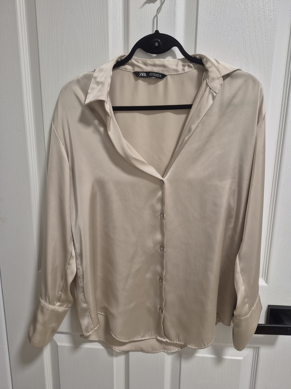 Zara Beige Satin Button-Front Blouse
